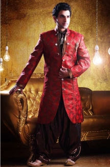 Red Banarasi Brocade Readymade Indo Western Suit - Men's Wear