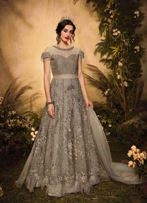 Grey Sequin Zari Embroidered Net Anarkali Suit - Indian Ethnic Clothing