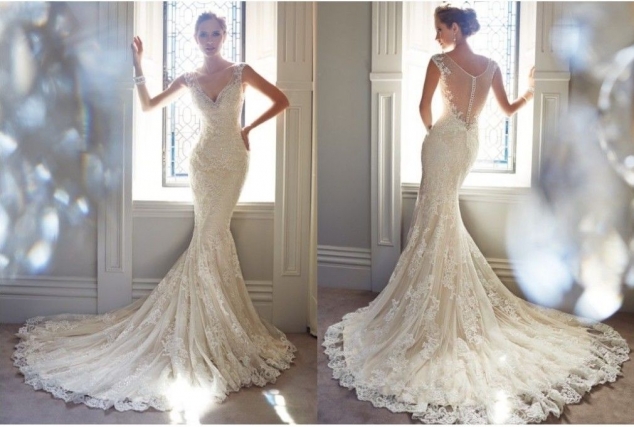 2014 New Sexy V-neck mermaid white/ivory wedding dresses 