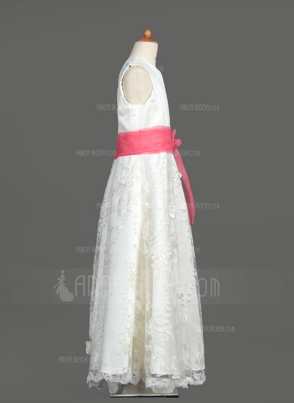 A-Lijn/Prinses Ronde Hals thee-lengte Organza Satijn Kant Bloemenmeisjes Jurk met Ceintuurs Strik(ke - Image 2