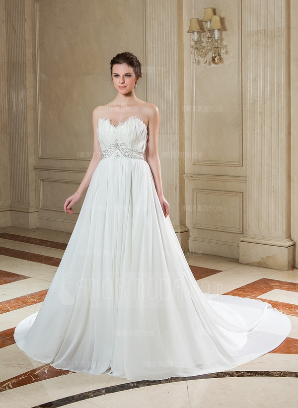 A-Lijn/Prinses Sweetheart Hof Trein De Chiffon Bruidsjurk met Kraalwerk Veer Pailletten