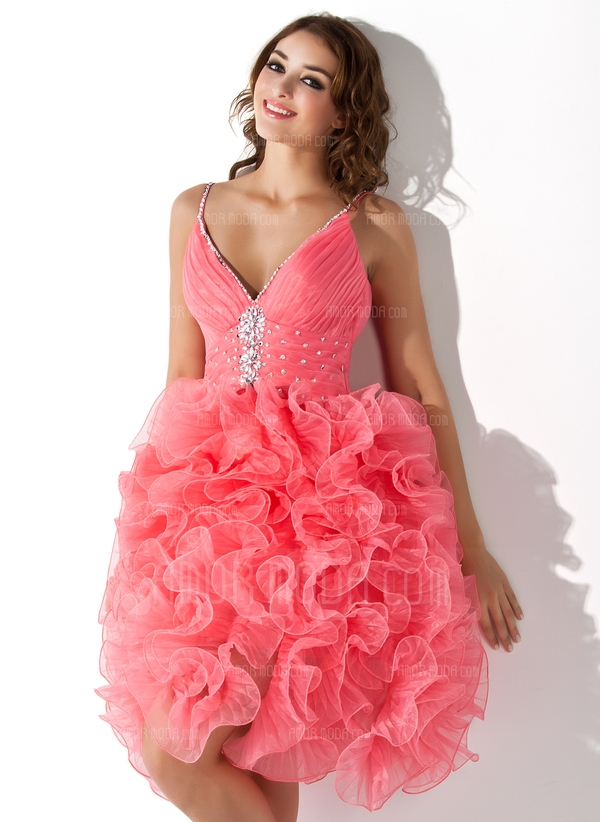A-Lijn/Prinses V-nek Knie-Length Organza Schoolgala Jurk met Kraalwerk Pailletten Ruches