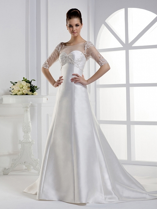 A line Bateau Natural Waist Satin Floor Length Chapel Train Bridal Gown