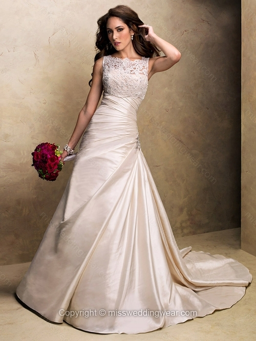 A-line Bateau Taffeta Court Train Lace Wedding Dresses
