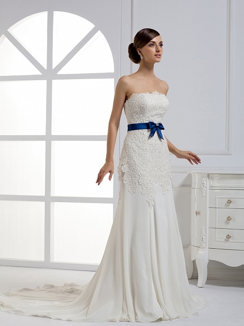 A line Chiffon Strapless Natural Waist Floor Length With Lace Wedding Dress