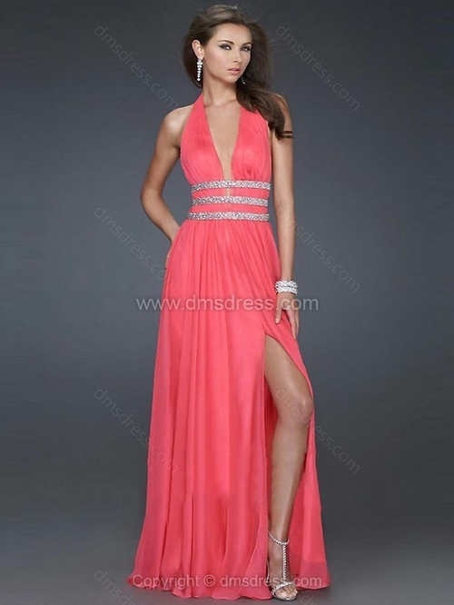 A-line Halter Chiffon Floor-length Split Front Prom Dresses 2014