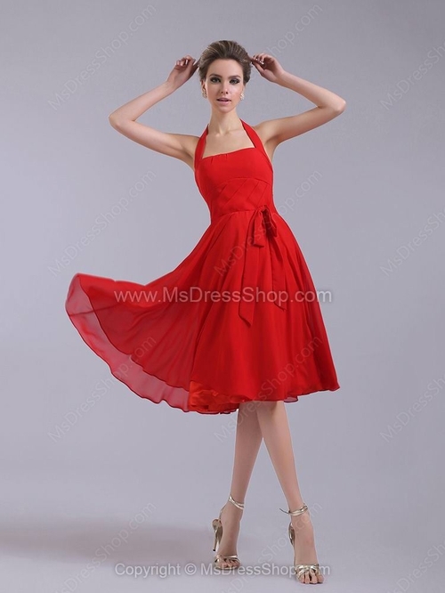 A-line Halter Chiffon Knee-length Ruched Bridesmaid Dresses