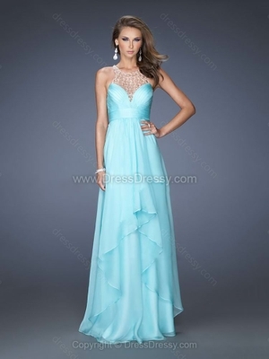 A-line Jewel Chiffon Floor-length Beading Prom Dresses