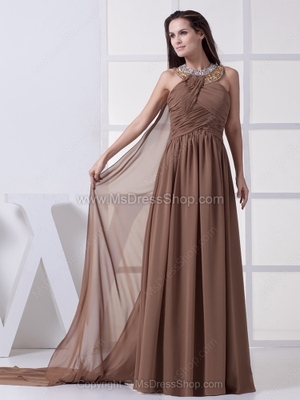 A-line Jewel Chiffon Watteau Train Beading Formal Dresses