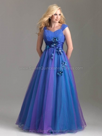 A-line Off-the-shoulder Tulle Satin Floor-length Flower(s) Prom Dresses