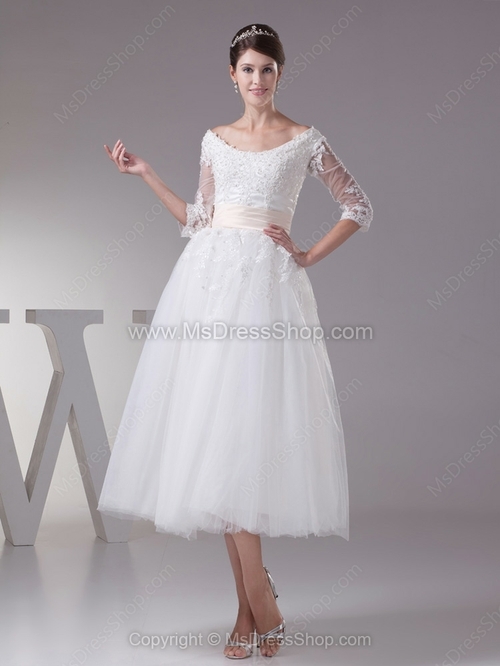 A-line Off-the-shoulder Tulle Satin Tea-length Appliques Wedding Dresses