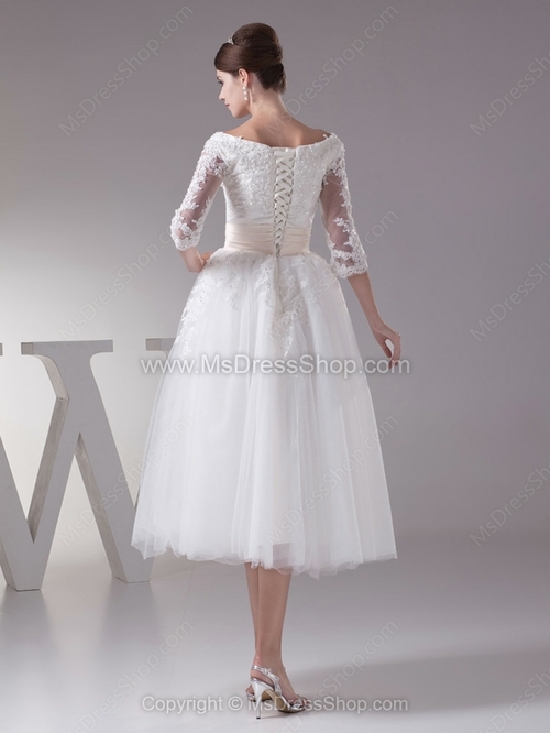 A-line Off-the-shoulder Tulle Satin Tea-length Appliques Wedding Dresses - Image 2