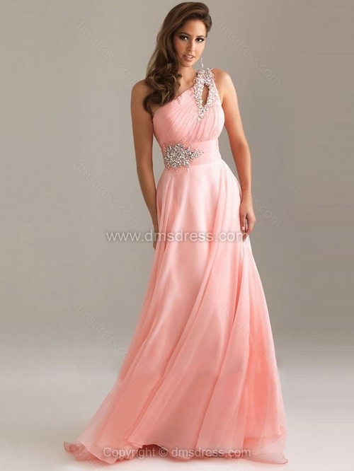A-line One Shoulder Chiffon Sweep Train Rhinestone Prom Dresses 2014