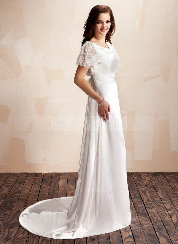 A-Line/Princess Cowl Neck Court Train Charmeuse Lace Wedding Dress With Ruffle Bow(s) 