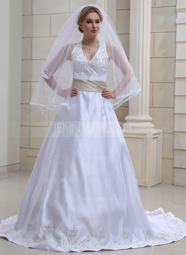 A-Line/Princess Halter Chapel Train Satin Wedding Dress