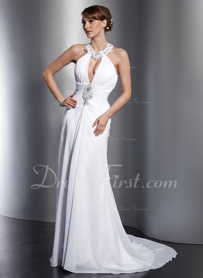 A-Line/Princess Halter Court Train Chiffon Wedding Dress