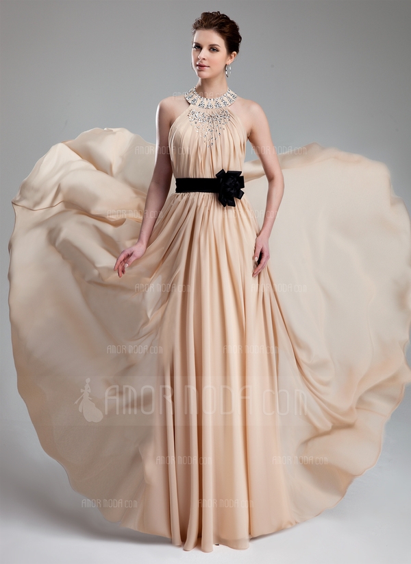 A-Line/Princess Halter Floor-Length Chiffon Charmeuse Prom Dress 