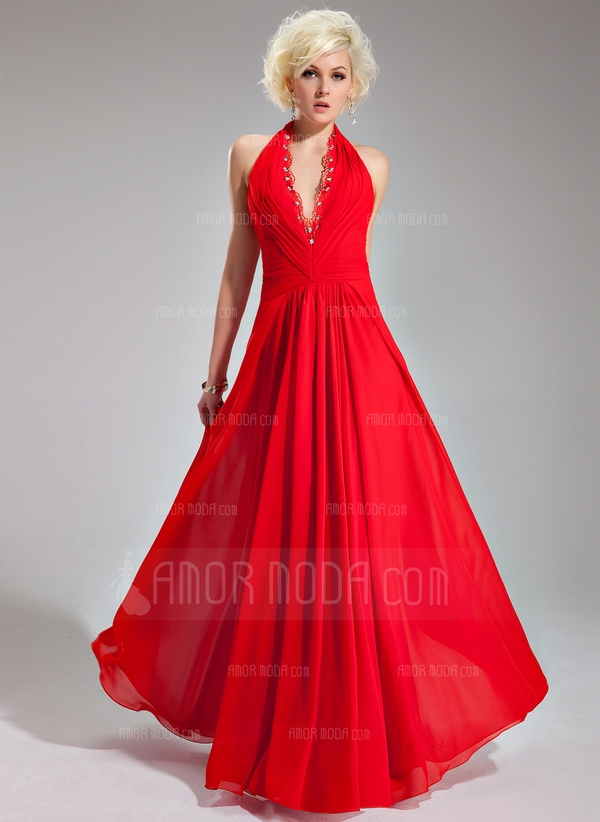 A-Line/Princess Halter Floor-Length Chiffon Evening Dress With Ruffle Lace Beading 