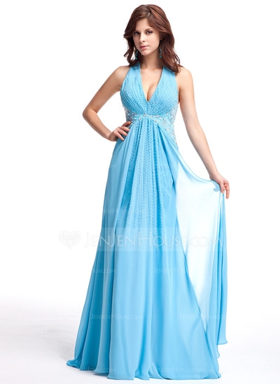 A-Line/Princess Halter Sweep Train Chiffon Prom Dress With Ruffle Beading Sequins