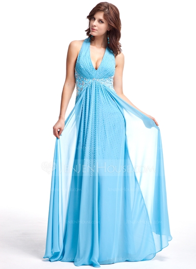 A-Line/Princess Halter Sweep Train Chiffon Prom Dress With Ruffle Beading Sequins - Image 2