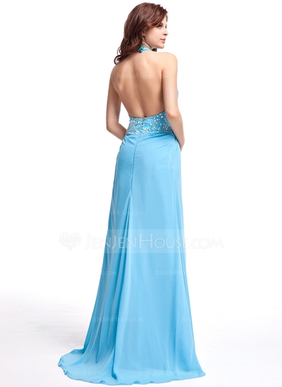 A-Line/Princess Halter Sweep Train Chiffon Prom Dress With Ruffle Beading Sequins - Image 3