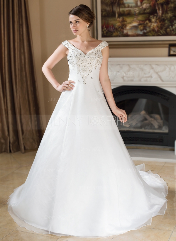 A-Line/Princess Off-the-Shoulder Chapel Train Organza Satin Wedding Dress With Embroidery Beading Se