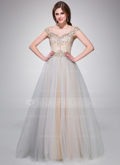 A-Line/Princess Off-the-Shoulder Floor-Length Taffeta Tulle Prom Dress With Beading Sequins #0170410