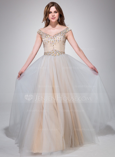 A-Line/Princess Off-the-Shoulder Floor-Length Taffeta Tulle Prom Dress With Beading Sequins #0170410 - Image 2