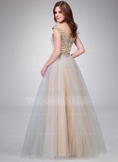 A-Line/Princess Off-the-Shoulder Floor-Length Taffeta Tulle Prom Dress With Beading Sequins #0170410 - Image 3