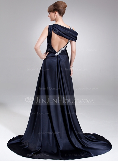 A-Line/Princess Off-the-Shoulder Sweep Train Charmeuse Prom Dress With Ruffle Appliques  - Image 2