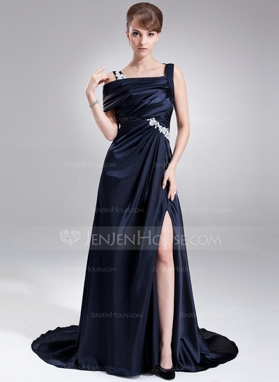 A-Line/Princess Off-the-Shoulder Sweep Train Charmeuse Prom Dress With Ruffle Appliques