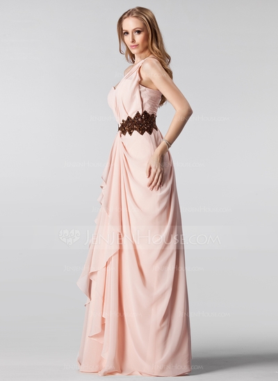 A-Line/Princess One-Shoulder Floor-Length Chiffon Prom Dress With Ruffle Beading Sequins #018004909 - Image 2