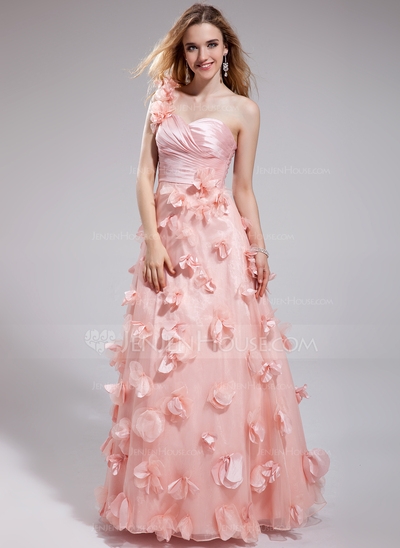 A-Line/Princess One-Shoulder Floor-Length Organza Charmeuse Prom Dress With Ruffle Flower(s) #018025