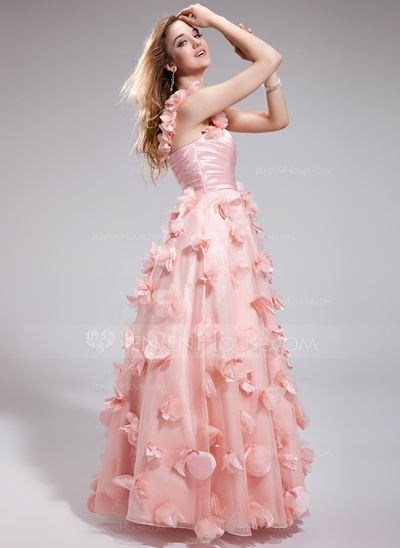 A-Line/Princess One-Shoulder Floor-Length Organza Charmeuse Prom Dress With Ruffle Flower(s) #018025 - Image 2