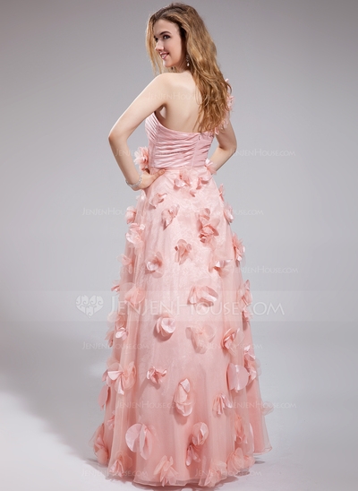 A-Line/Princess One-Shoulder Floor-Length Organza Charmeuse Prom Dress With Ruffle Flower(s) #018025 - Image 3