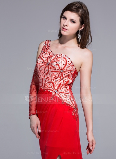 A-Line/Princess One-Shoulder Sweep Train Charmeuse Jersey Prom Dress With Beading