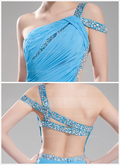 A-Line/Princess One-Shoulder Sweep Train Chiffon Prom Dress With Ruffle Beading - Image 3