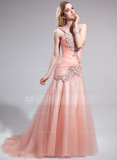 A-Line/Princess One-Shoulder Sweep Train Tulle Charmeuse Prom Dress With Ruffle Beading Sequins