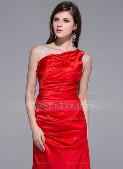 A-Line/Princess One-Shoulder Watteau Train Tulle Charmeuse Prom Dress With Beading Flower(s) Sequins