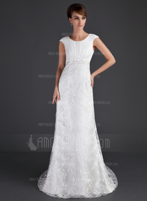 A-Line/Princess Scoop Neck Court Train Satin Lace Wedding Dress With Ruffle Beading