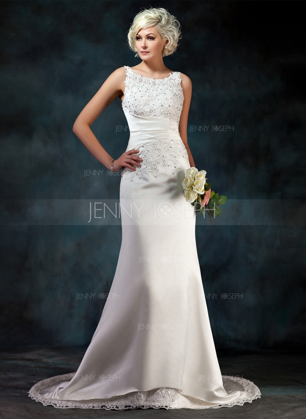 A-Line/Princess Scoop Neck Court Train Satin Wedding Dress With Lace Beading Sequins 