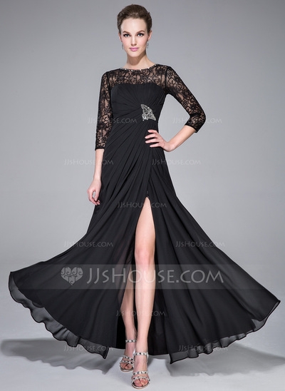 A-Line/Princess Scoop Neck Floor-Length Chiffon Lace Evening Dress