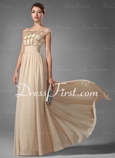 A-Line/Princess Scoop Neck Floor-Length Chiffon Prom Dress With Ruffle Beading