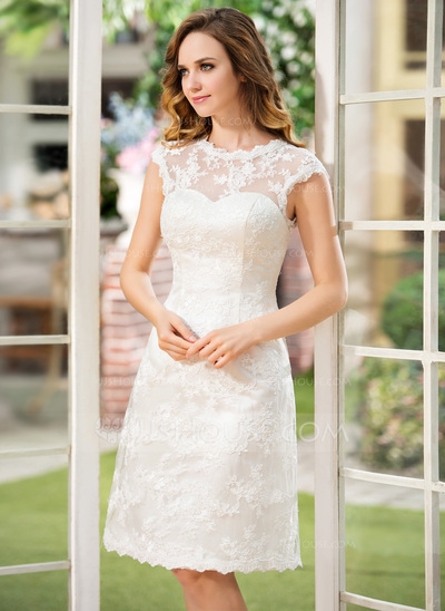 A-Line/Princess Scoop Neck Knee-Length Satin Lace Wedding Dress 