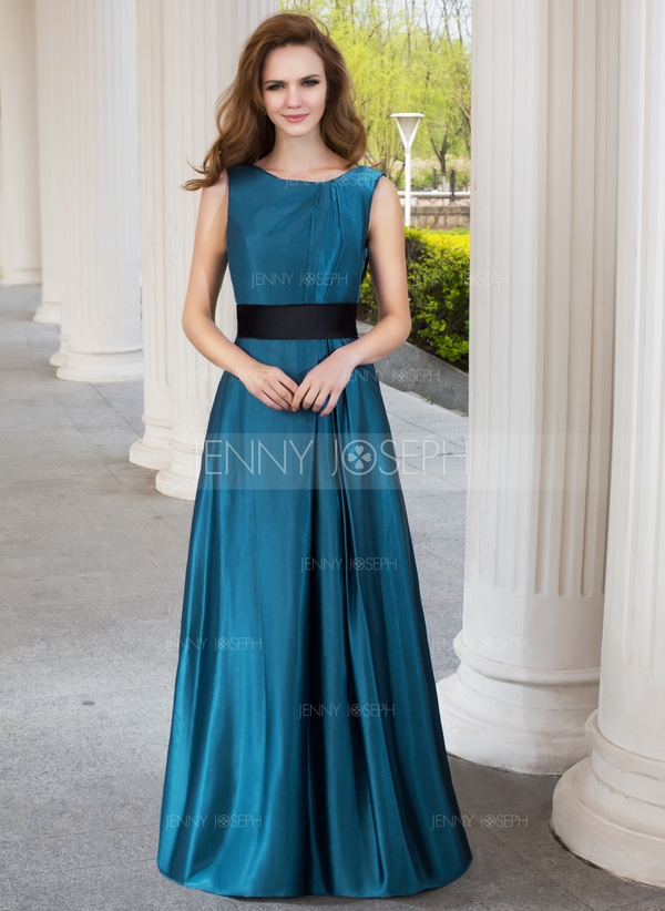 A-Line/Princess Scoop Neck Sweep Train Charmeuse Bridesmaid Dress