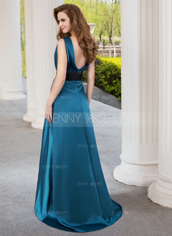 A-Line/Princess Scoop Neck Sweep Train Charmeuse Bridesmaid Dress - Image 2