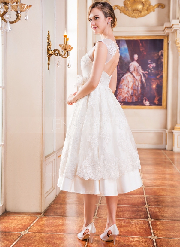 A-Line/Princess Scoop Neck Tea-Length Satin Tulle Lace Wedding Dress - Image 2