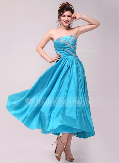 A-Line/Princess Strapless Ankle-Length Taffeta Prom Dress With Ruffle - Image 2