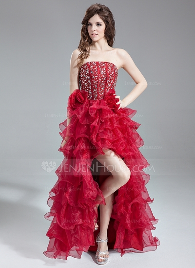 A-Line/Princess Strapless Asymmetrical Organza Satin Prom Dress