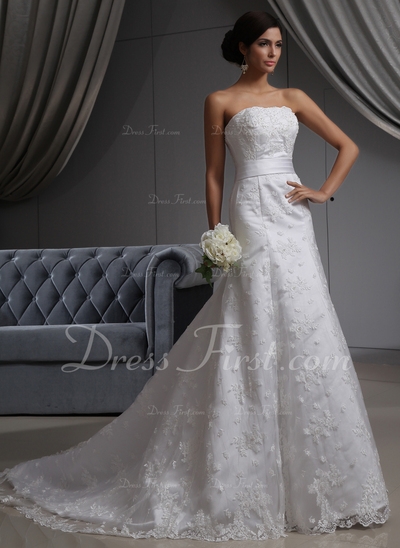A-Line/Princess Strapless Chapel Train Satin Lace Wedding Dress